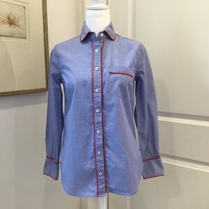 J Crew SZ 0 Pajama Style Blue Button Up Shirt with Red Piping